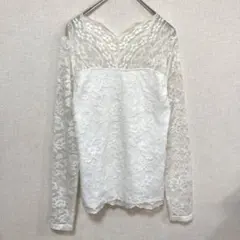 RETRO GIRL レース長袖カットソー 透け感 ホワイト M