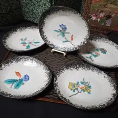 【値下げ】九谷大雅　古九谷花鳥　八角皿揃　5枚 302mc-505.jpg
