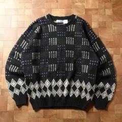 90s 台湾製　Cacharel　幾何学 3Dデザインニット　セーター　ブラック