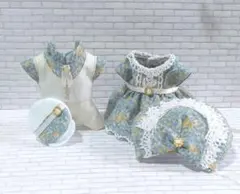 ハンドメイド　ミニチュアドール服　お父さんお母さん　レトロ花柄グリーンセット