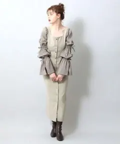 DEICY リボンスリーブタイトワンピース スクエアネック ロングワンピース