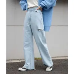 WEGO ストレートデニム ダメージ加工 ライトブルー 青のサムネイル