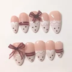 【現品限り】ネイルチップ ハート リボン レース ピンクガーリー 付け爪