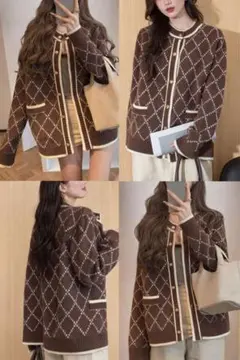 ブラウン ダイヤモンドパターン ニットカーディガン