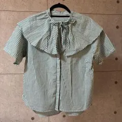 襟フリル取り外し可 ストライプ ブラウス 緑 M 綿100% 半袖