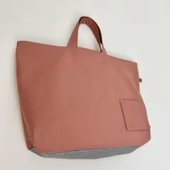 くすみピンク帆布のとても大きいトートバッグ 外ポケットハンドメイド　パッチワーク