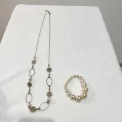 パール風ロングネックレス 花モチーフ、パール風ブレスレット 結婚式 パーティ