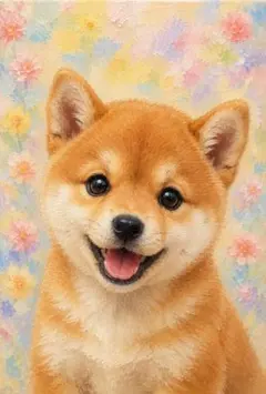 豆柴　笑顔　犬好き　かわいい　イヌ　ペット　柴犬　優しい色合い　油絵風　D344