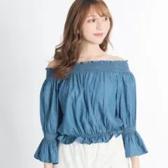 미사용 品 オフショルダー ブラウス 2WAY キャンディースリーブ デニム 青