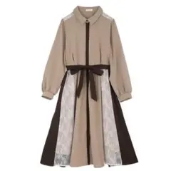 axes femme レース切替配色ワンピース キャメル