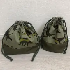 ハンドメイド　弁当袋　コップ袋　巾着袋　恐竜　迷彩　2点
