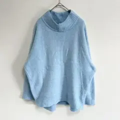 A635　ニットセーター　ハイネック　ライトブルー　長袖　カジュアル　LL