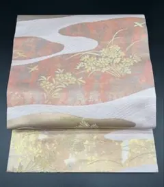 高級　正絹　洒落帯　名古屋帯　金糸　花柄　流水　410