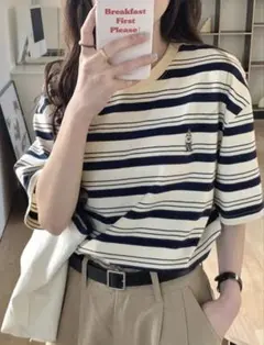 SHEIN ボーダーTシャツ 刺繍入り Lサイズ