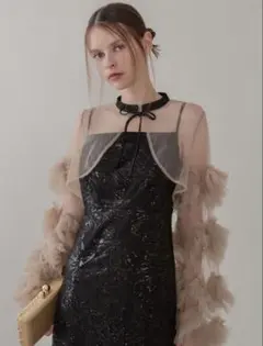 lejaフリルチュールスリーブリボンIラインワンピースドレス結婚式成人式二次会