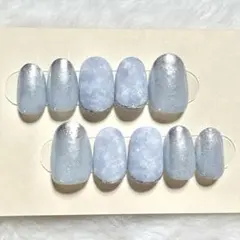 現品 水色系 ミラーグラデーション マット デニム風 ネイルチップセット