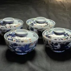 訳あり 骨董 アンティーク 色絵 染付 蓋付茶碗 4客セット 蓋物 時代物