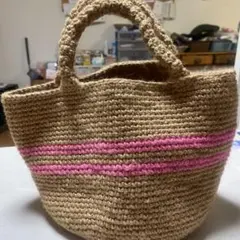 ハンドメイド ジュート トートバッグ ネイビーライン少しのシミあり