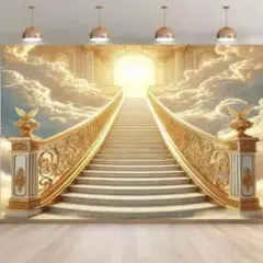幻想的な天国への階段のタペストリー背景布 金色の階段と神聖な光　美しい