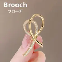 新品 リボンブローチ コサージュ リボン型 ラインストーン ゴールド