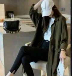 シャツワンピースカーディガン長袖チュニック　大きい　ロング　カーキ　日除け　L