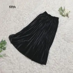 フィフス　プリーツスカート　ロング丈　ウエストゴム　光沢感　ベロア風　秋冬　黒
