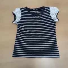 ストライプ柄 レース付き 半袖Tシャツ 110サイズ