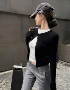 SHEIN ブラック リブニット カーディガン