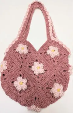 SALE 花モチーフ ピンク グラニースクエア バッグ 42cm × 25cm