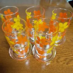 HOYA 昭和レトロ  ガラス製花柄ロンググラス  コースター付き  5個セット