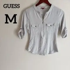 GUESS【M】ホワイト ジッパー付き カットソー 五分袖 タイト フィット