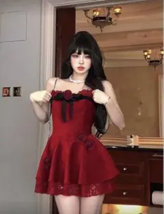 ドレス　ミニ丈　ベロア　バーガンディ　レッド