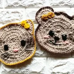 ハンドメイド かぎ針編み アニマル 猫 クマ鍋敷き ポットマット 2枚セットのサムネイル