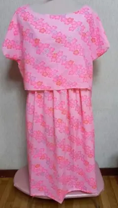 着物リメイク　セットアップ　モスリン　部屋着　ピンク　 花柄 　 ハンドメイド