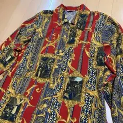 総柄シャツ スカーフ柄 チェーン柄 長袖シャツ レッド ゴールドアートビンテージ