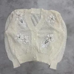 花モチーフ刺繍カーディガン アイボリー ニット 透かし編み ガーリー 韓国系