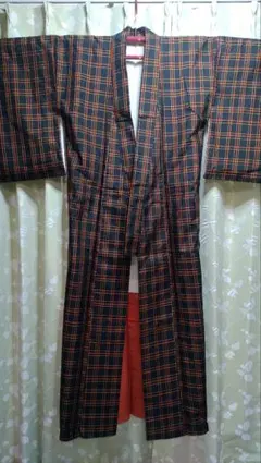 本場大島紬　アンサンブル　格子柄　黒地