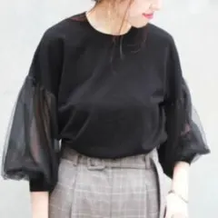 【美品】Spick&Span チュールスリーブプルオーバー ブラック