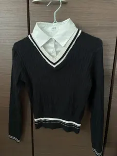 リブ編み Vネック セーター 黒