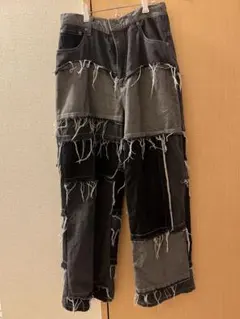 グレー系パッチワークデニムパンツ