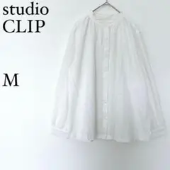スタディオクリップ コットンブラウス ギャザー M オフホワイト フリルネック