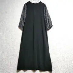 LUNACION ロングワンピース 小花柄袖 袖切替デザイン ブラック