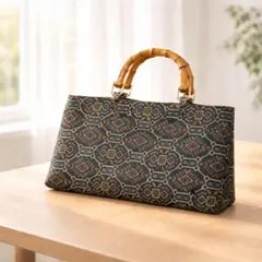 【◎132】紬リメイク ハンドメイド トートバッグ 黒 送料無料 ウッド調持ち手