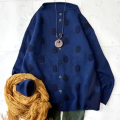 極美品 プランテーション 日本製 デコドット カーディガン ネイビー 青 M