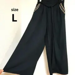 刺繍入り ネイビー ワイドパンツ 薄手 夏