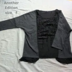 【美品】アナザーエディション　七分袖グレーブラック系シルクフロントフリルTシャツ