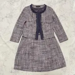 良品 インディヴィ ツイード ラメ ノーカラー スーツ セットアップ M 紫