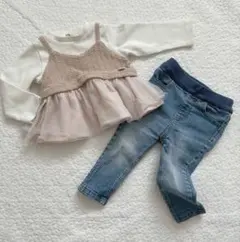 プティマイン トップス＋デニムパンツ　80cm レース　長袖　コーデ売り