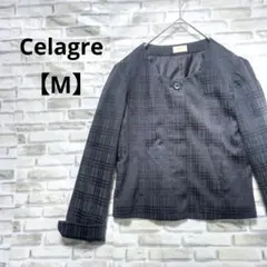 セラグレ　Celagre　ノーカラー　ジャケット　長袖　Ⅿ　ブラック　チェック
