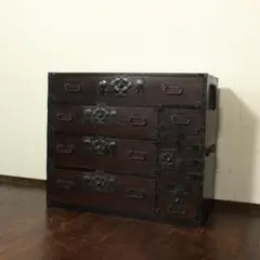 丸金具　時代箪笥3段　タンス R-058082 和製アンティーク 前面桐材 桜丸金具 米沢箪笥・上段(和